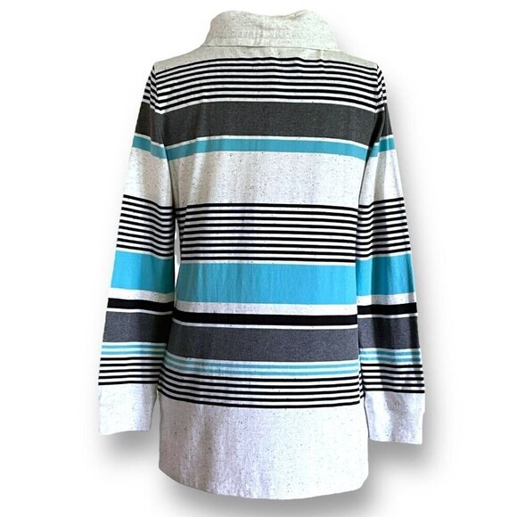 T by Talbots Womens Top Medium Petite MP Gray Blue Stripe Cowlneck Pullover - Picture 6 of 7